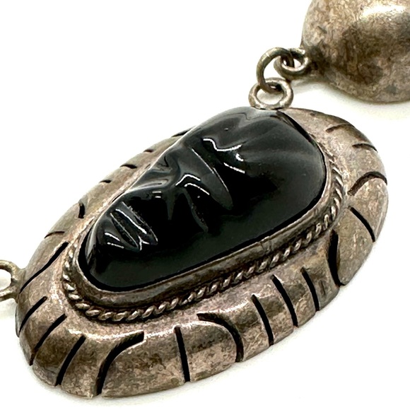 🔥 Vintage Tribal Aztec Mask Black Obsidian Silver Necklace - Picture 11 of 17